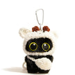 Yoyo plush keychain wearing a white fluffy lambkin hood, front view